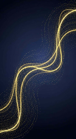 Golden lines and particles swirl in a wavy motion on a dark blue background with a sparkling effectの写真素材