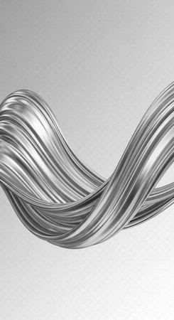 A silver metallic ribbon with smooth curves and lines on a gradient gray background.の写真素材