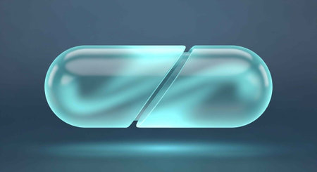 A broken blue capsule with shiny surface and light reflection on dark blue backgroundの写真素材