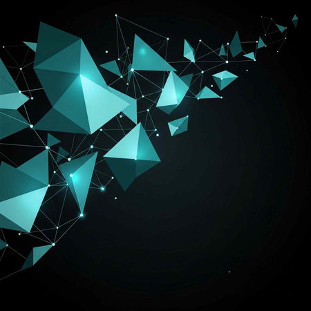 Teal triangles and dots connected by lines on a black background, modern abstract geometric pattern.の写真素材