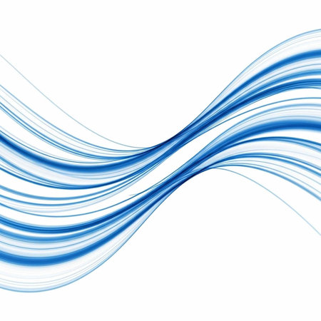 Blue wavy lines intersecting on a white background, creating a dynamic abstract designの写真素材