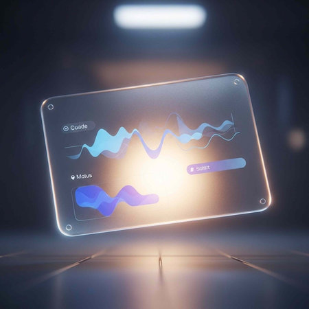 A sleek digital screen shows blue graphs and data in a dark space with neon illuminationの写真素材