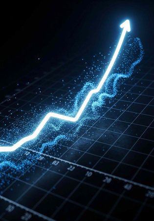 A glowing blue arrow graph shows a steady upward trend on a dark grid backgroundの写真素材