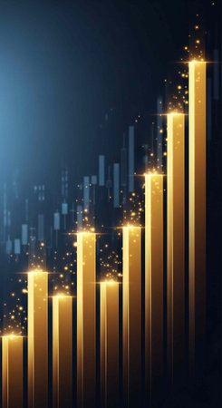 A glowing golden bar chart rising upwards with sparkling lights on a dark backgroundの写真素材