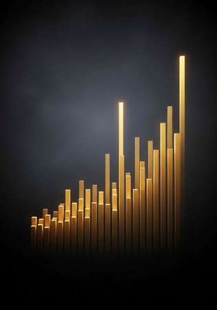 3D golden bars rising in height on a dark background, indicating growth trendの写真素材