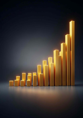 3D golden bars rising in ascending order with spotlight on dark backgroundの写真素材