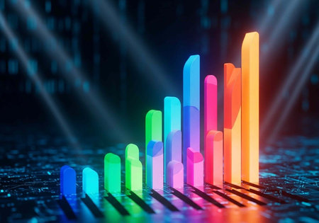 A colorful bar graph with vibrant bars of different heights on a dark background with spotlightsの写真素材