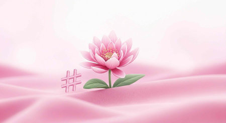 A beautiful pink lotus flower with green leaves on a soft pink fabric background with a hashtag symbolの写真素材