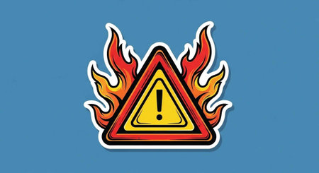 A warning sign with flames on a blue background indicating danger or caution.の写真素材