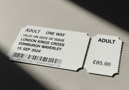 A close-up of a train ticket from London to Edinburgh on a plain surfaceの写真素材