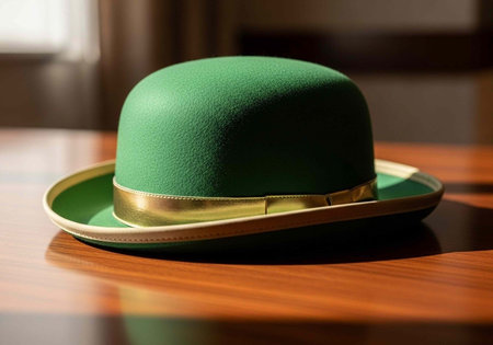 A green felt hat with a gold band sits on a wooden table, illuminated by soft lightの写真素材