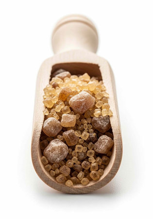 A wooden scoop contains assorted brown and yellow crystals and granules of different sizes and shapes on a white background.の写真素材