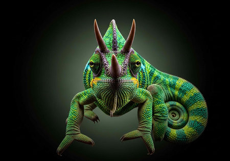 A fantastical, green, dinosaur-like creature with distinctive horns, a long tail, and intricate texture, set against a dark background.の写真素材