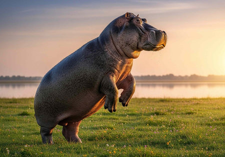 A big gray hippopotamus stands on a grassy field near a calm body of water during a serene sunsetの素材