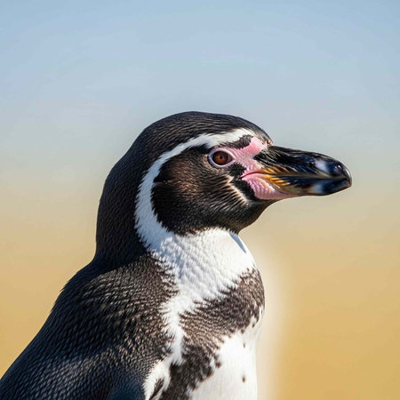A penguin's head and upper body in profile, showcasing distinctive black, white, and pink markings on its feathers and beak.の写真素材