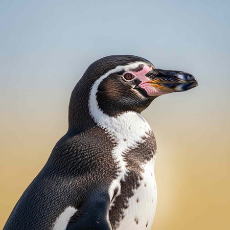 A penguin with black and white feathers and a pink beak is shown in close-up against a blurred gradient skyの写真素材