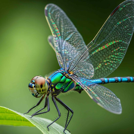 A colorful dragonfly with shimmering green, blue, and black wings and body rests on a leaf's edgeの写真素材