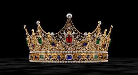 Luxurious gold crown adorned with red, green, and blue gems, diamonds, and intricate details on a dark surfaceの写真素材