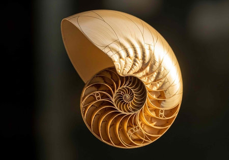 A golden nautilus shell with intricate spiral chambers illuminated on a dark blurred background, showcasing its natural beauty.の写真素材