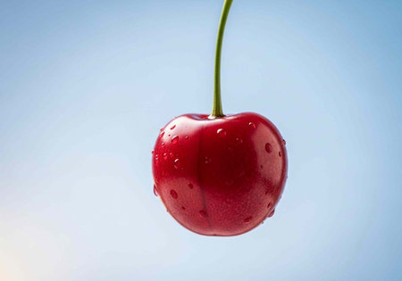 A lone, juicy red cherry hangs from a green stem, adorned with tiny water droplets, set against a serene blue gradient backdrop.の写真素材