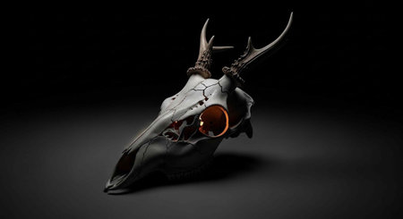 A deer skull with antlers and a cracked surface featuring a glowing orange orb in a dark backgroundの写真素材