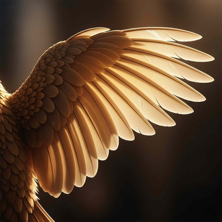 A close-up of a majestic golden wing illuminated by soft light against a dark backgroundの写真素材