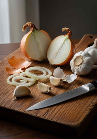A wooden cutting board with onions, garlic, and a knife, ready for cooking in a kitchen.の写真素材