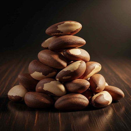 A pile of Brazil nuts stacked on a dark wooden surface with a dramatic lighting effectの写真素材