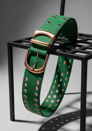 A green leather belt with gold studs and buckle on a black metal standの写真素材