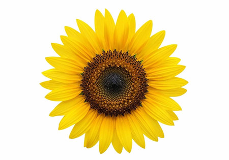 A bright and vibrant sunflower with yellow petals and a dark center on a white backgroundの写真素材