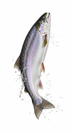 A salmon jumping out of the water with a splash of droplets around itの写真素材