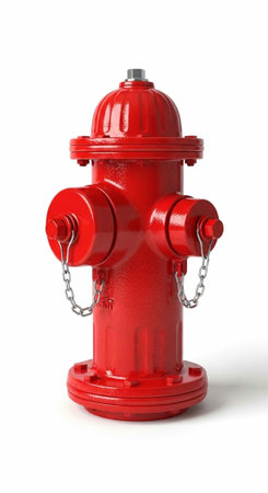 A bright red fire hydrant with chains on a white backgroundの写真素材