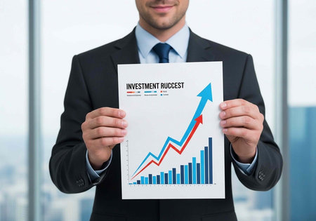 Man in suit holding paper with investment success graph and chart, standing in front of office window with cityscapeの写真素材