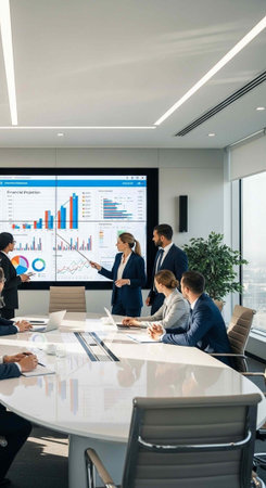 A group of people in business attire gathered around a table in a conference room with a large screen displayの写真素材