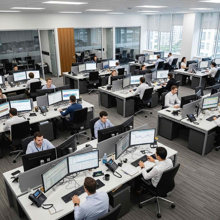 A large, open office with multiple workstations, employees working on computers, and a modern aesthetic with gray carpeting and white wallsの写真素材