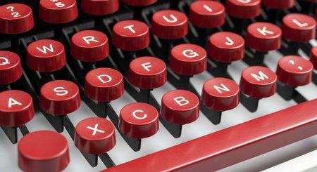 A close-up view of a red vintage typewriter keyboard with white lettering on the keys.の写真素材