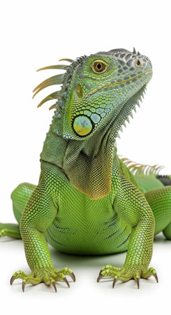 A vibrant green iguana with spiky scales and sharp claws is sitting on a white surface looking upwards.の写真素材
