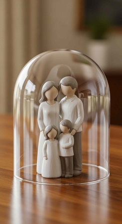A delicate porcelain family figurine under a protective glass dome on a wooden table indoors.の素材