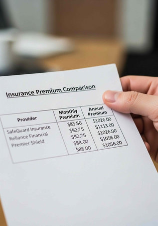 A person compares insurance premium rates from different providers on a document in their hand.の写真素材