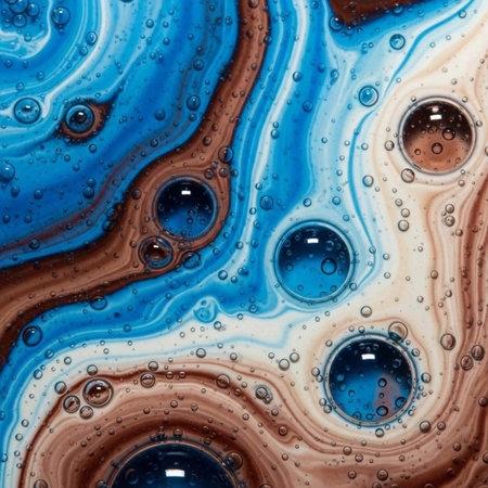 Close-up of swirling blue, brown, and white liquids with numerous bubbles, creating a mesmerizing abstract patternの写真素材