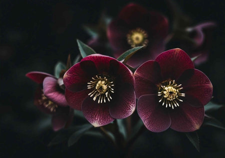 Close-up of dark red hellebore flowers with yellow centers and green leaves against a dark backgroundの写真素材