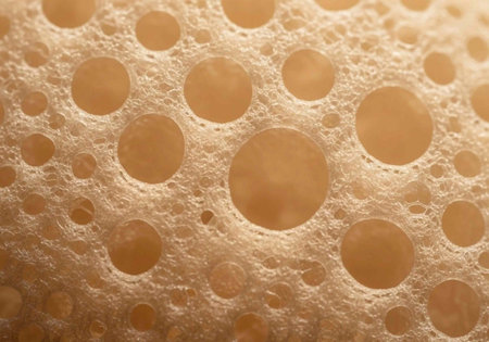 A detailed view of a beige surface featuring many circular holes and bubbles in different sizes, creating a unique texture.の写真素材