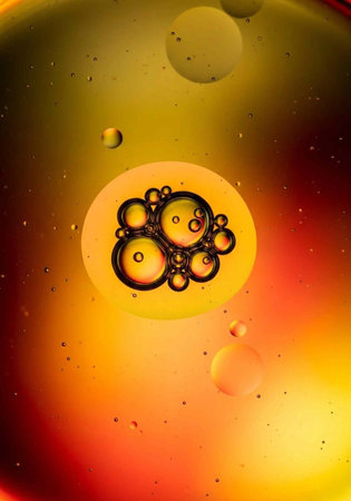A cluster of oil bubbles forms a visually striking pattern on a swirling, multicolored liquid with shades of yellow, orange, and red.の写真素材