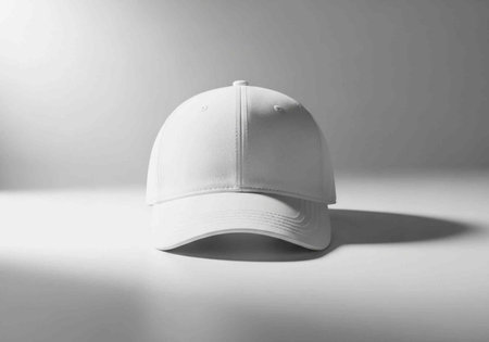 A white baseball cap sits on a plain surface, casting a shadow, with a clean and minimalist backgroundの写真素材