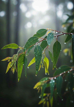 Close-up of green leaves with water droplets, blurry forest background with sunlight filtering through treesの写真素材