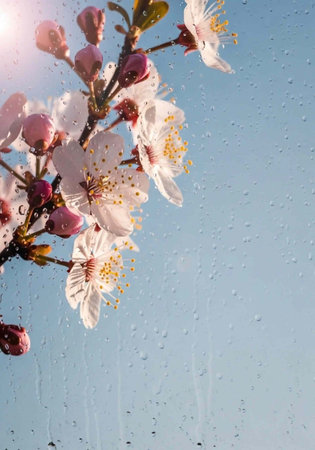 Stunning white cherry blossoms with pink buds against clear blue sky viewed through raindrop-covered windowpane in springの写真素材