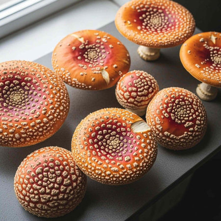 A group of mushrooms with red, orange, and white hues, featuring intricate spotted patterns on their caps, arranged on a gray surfaceの写真素材