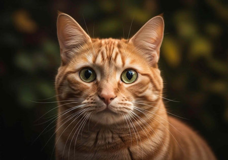 A beautiful orange tabby cat with striking green eyes and long white whiskers looks directly at the camera.の写真素材