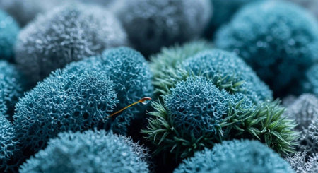 Image features numerous blue-green mossy growths with different textures, some fuzzy and others spiky, and a small twigの写真素材