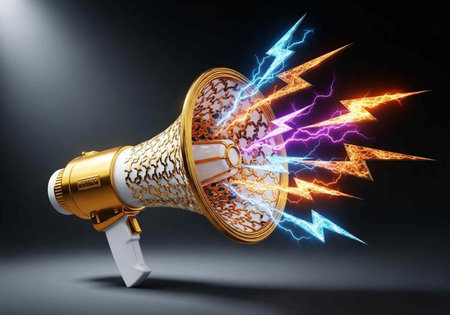 A gold and white megaphone emits multicolored lightning bolts against a dark background with spotlightの写真素材